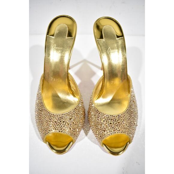Christian Louboutin Me Dolly Strass 100 Gold Backless Sandal Mule Heel Pump 40 - Picture 7 of 12
